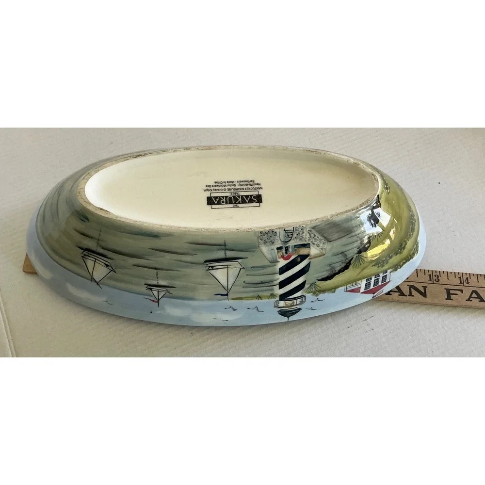 Sakura Nantucket Shoreline Oval Serving Bowl Sailboat Lighthouse Coastal‎ 12.5in